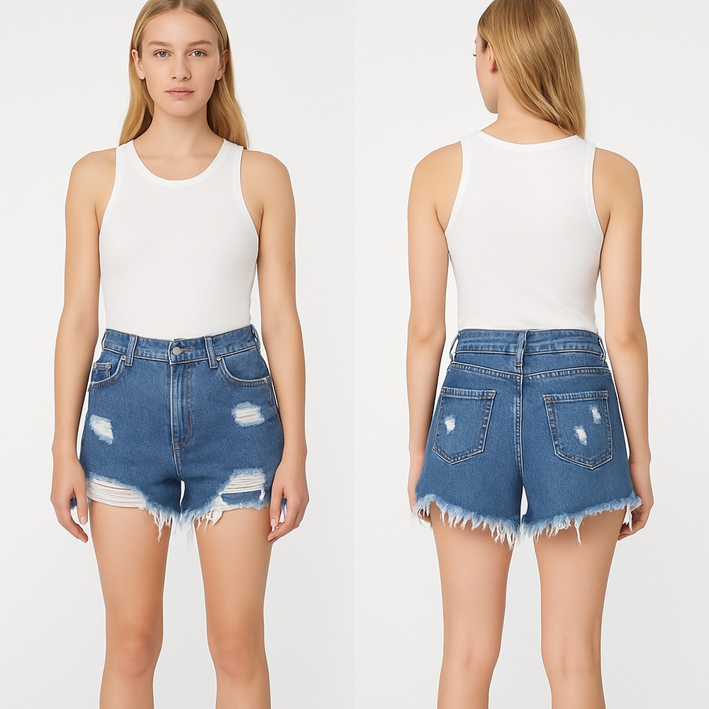 Blue Distressed Jean Shorts with Frayed Hem